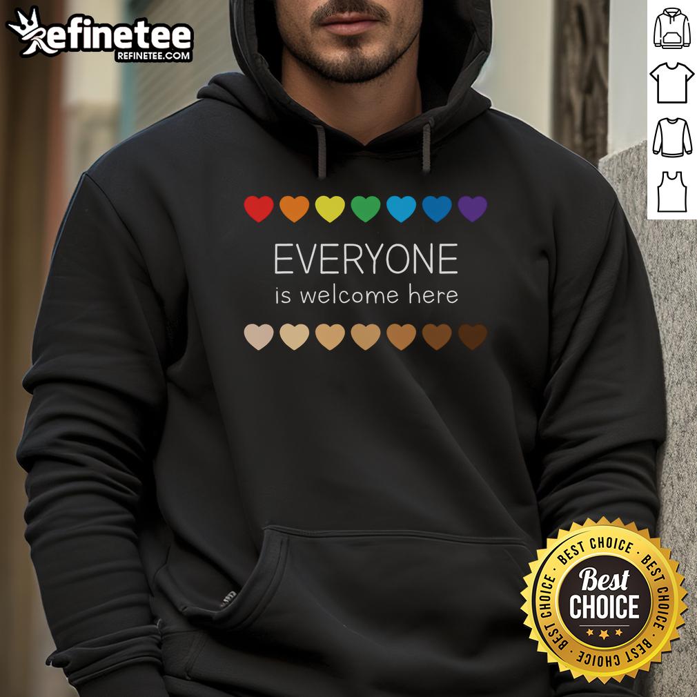 Nice Idaho Teacher Support hoodie featuring hearts design, promoting inclusivity with 'Everyone is Welcome Here' message.