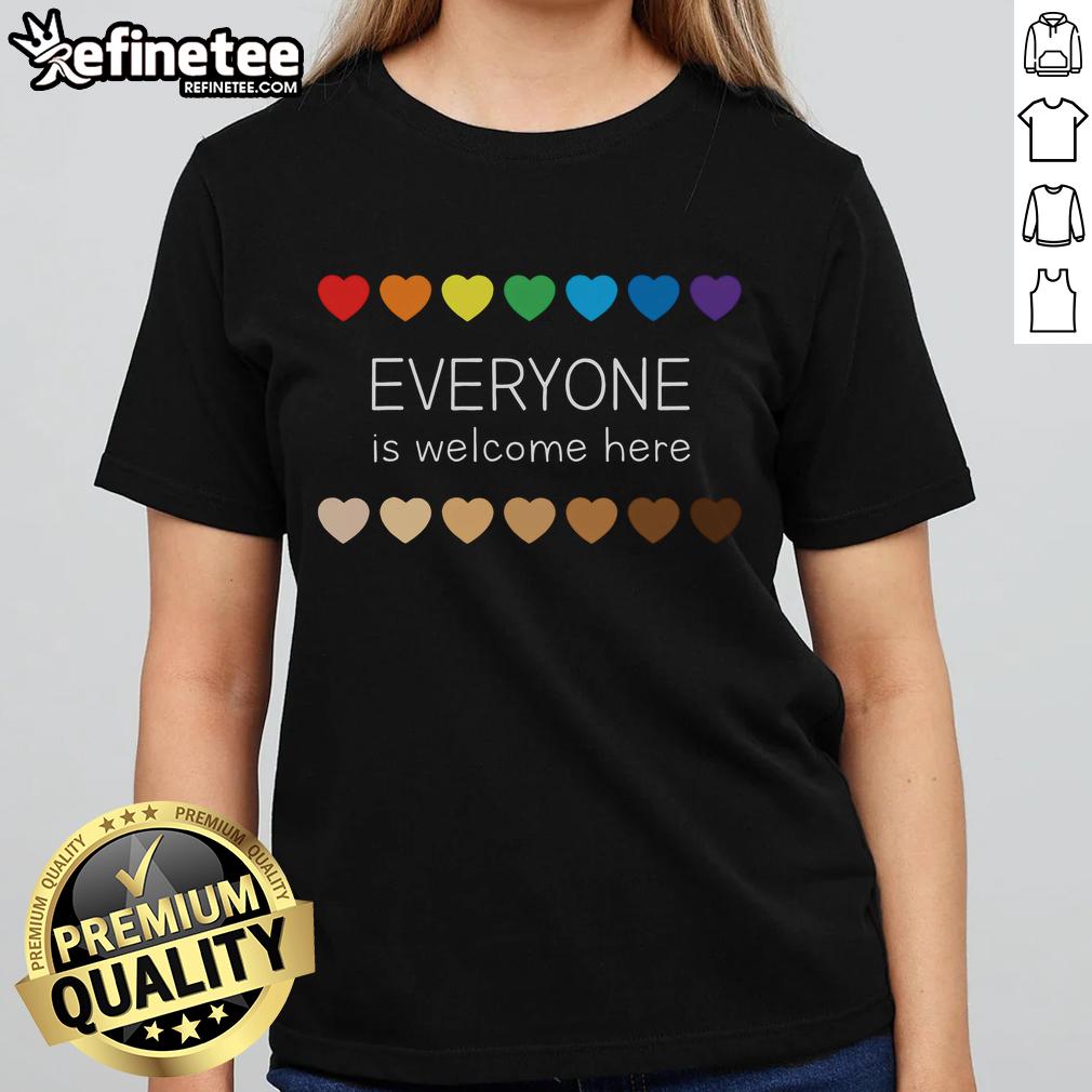 Nice Idaho teacher support shirt featuring 'Everyone is Welcome Here' with hearts, perfect for promoting inclusivity.