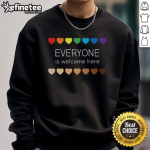 Teacher support sweatshirt from Nice Idaho, featuring hearts and the message 'Everyone Is Welcome Here' for inclusive education.