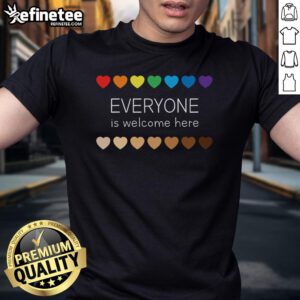 Nice Idaho Teacher Support Everyone Is Welcome Here Hearts T-Shirt showcasing a vibrant design promoting inclusivity and education.