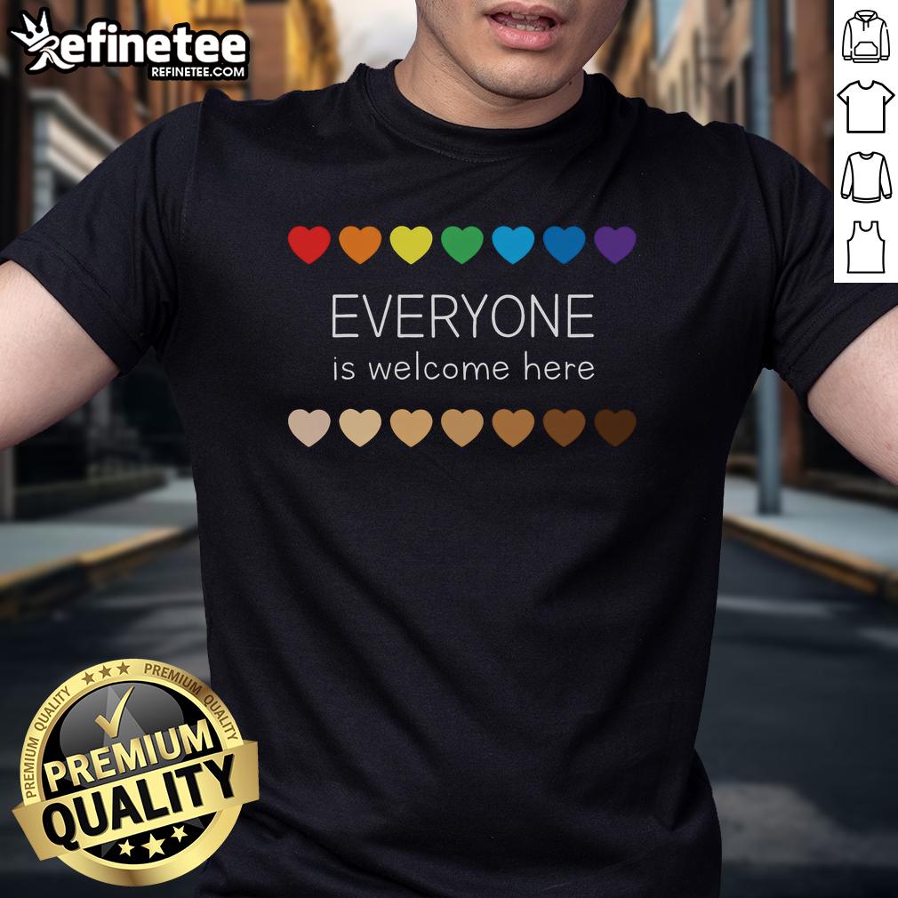 Nice Idaho Teacher Support Everyone Is Welcome Here Hearts T-Shirt showcasing a vibrant design promoting inclusivity and education.