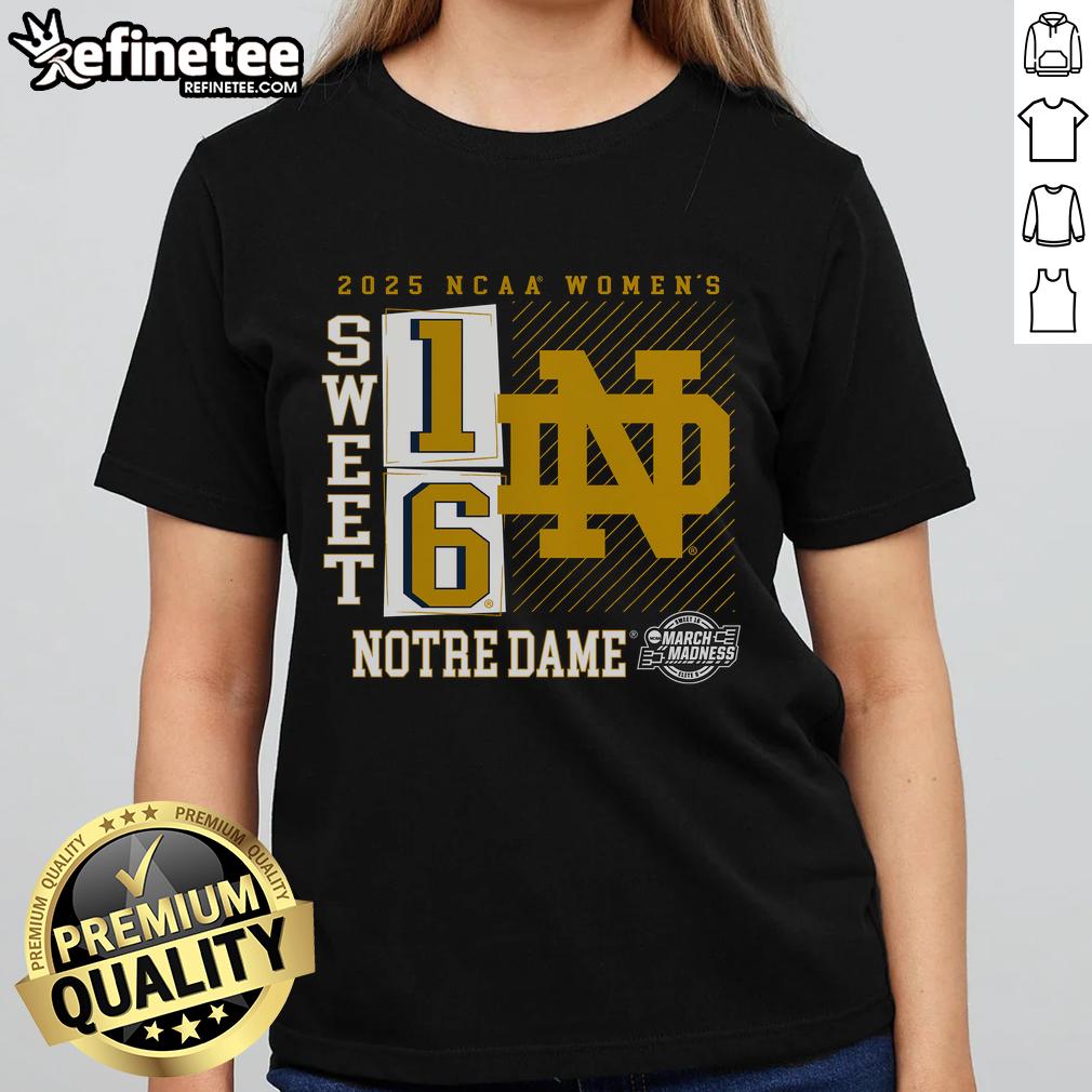 Notre Dame Fighting Irish women's basketball March Madness 2025 Sweet 16 tee featuring a no-look pass design.