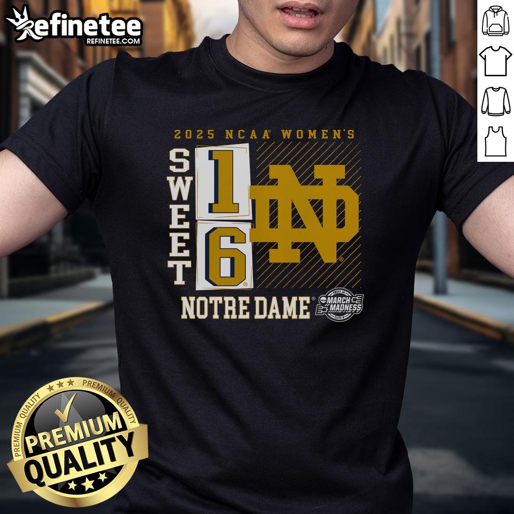 Notre Dame Fighting Irish 2025 NCAA Women's Basketball Tournament Sweet 16 T-Shirt featuring a no-look pass design.