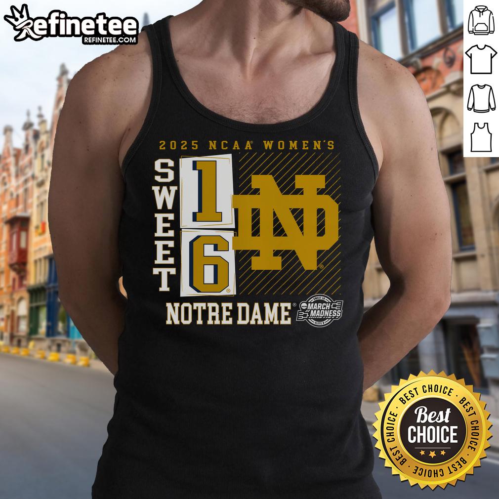 Notre Dame Fighting Irish tank top for 2025 NCAA Women's Basketball Tournament, featuring a no-look pass design.