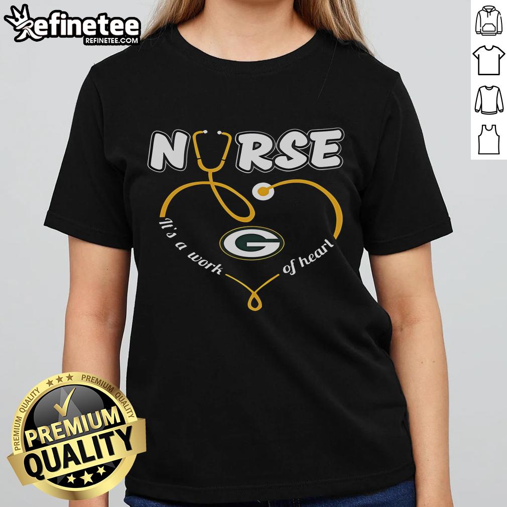 Stylish Green Bay Packers ladies tee featuring 'It's a Work of Heart' design, perfect for fans and nurses alike.
