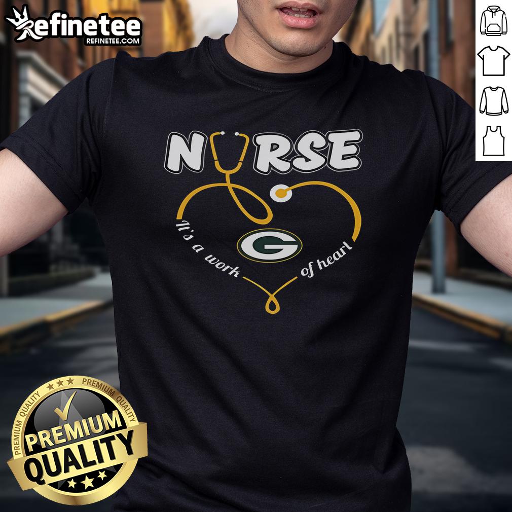 Alt Text: Nice Nurse Love Green Bay Packers 'It's A Work Of Heart' T-Shirt design in vibrant colors, perfect for Packers fans.