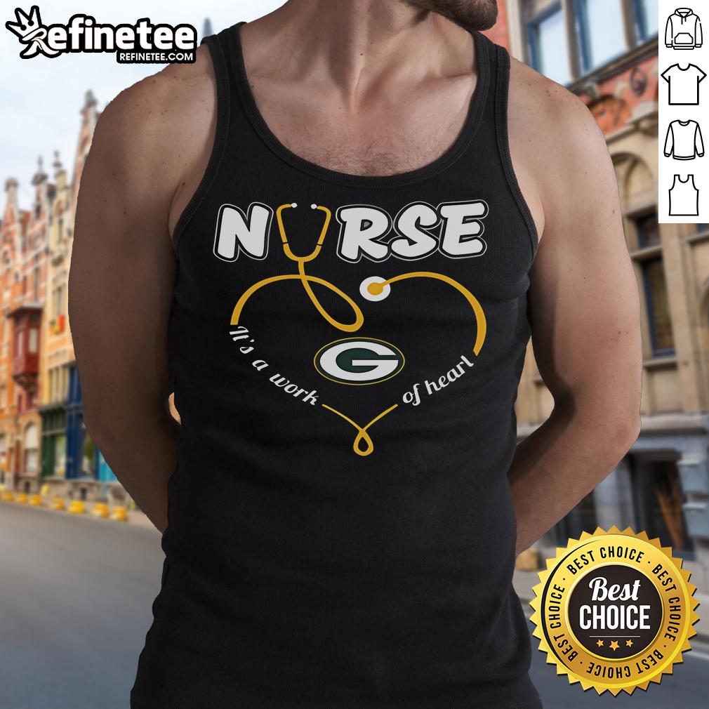 Alt Text: Nice Nurse Love Green Bay Packers 'It's A Work Of Heart' tank top showcasing team spirit and healthcare pride.