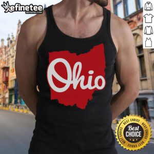 Woman wearing 'I Love My Ohio' tank top with a detailed map of Nice, Ohio in the background.