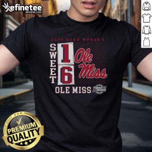 Ole Miss Rebels 2025 NCAA Women's Basketball Tournament Sweet 16 T-Shirt featuring a no-look pass graphic design.