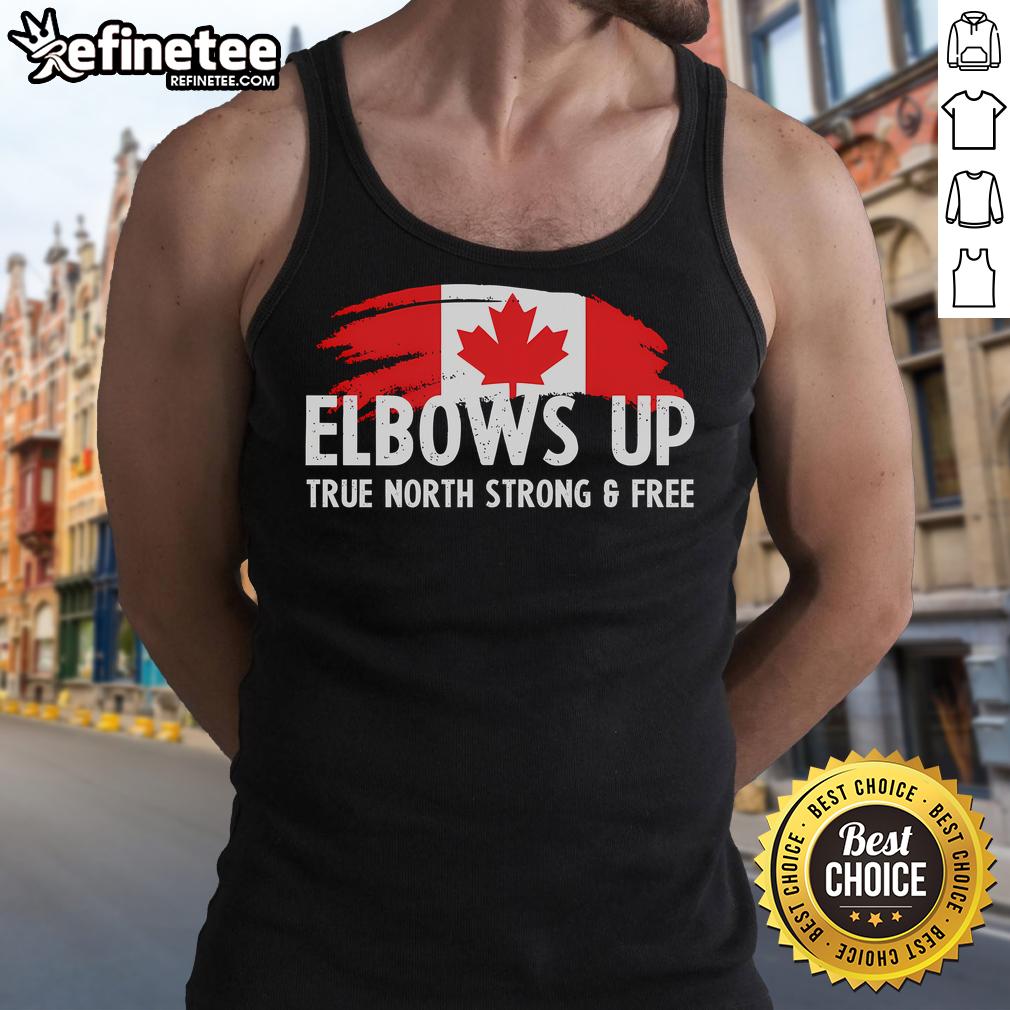 Proud Canadian wearing a True North Strong and Free tank top, elbows up, celebrating patriotism in style.
