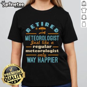 Happy retired meteorologist wearing a 'Nice Retired Weatherman' tee, enjoying leisure time with friends.