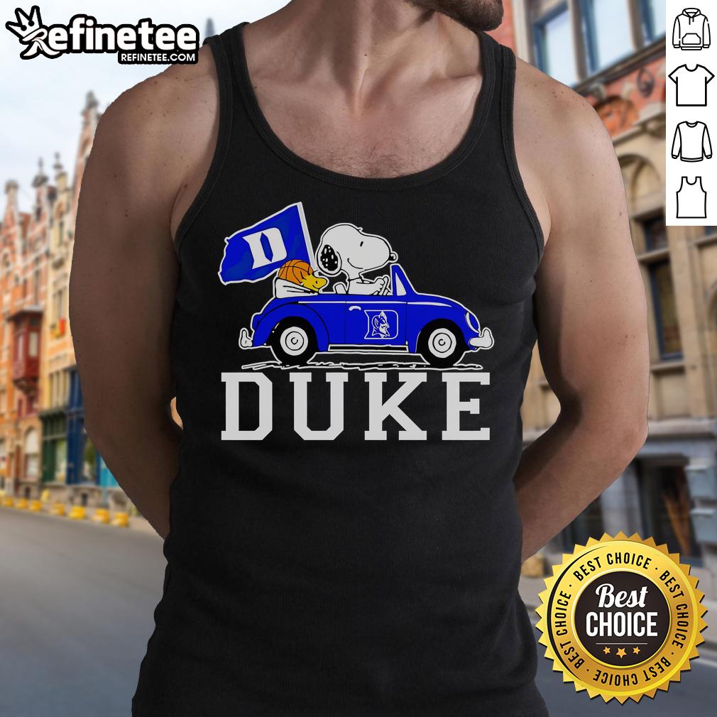 Alt Text: Snoopy and Woodstock driving in a Duke Blue Devils basketball tank top, perfect for fans and summer sports wear.