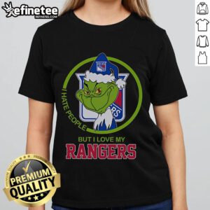 Nice The Grinch I Hate People But I Love My Rangers Ladies Tee featuring festive design for fans.