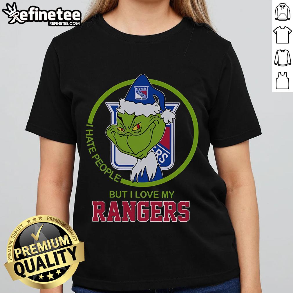 Nice The Grinch I Hate People But I Love My Rangers Ladies Tee featuring festive design for fans.
