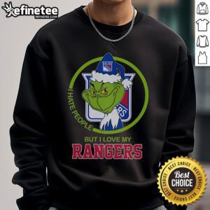 Nice The Grinch I Hate People But I Love My Rangers sweatshirt in festive green, perfect for holiday cheer and team spirit.
