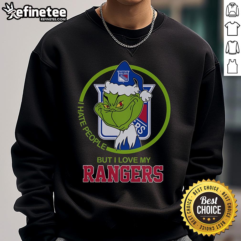 Nice The Grinch I Hate People But I Love My Rangers sweatshirt in festive green, perfect for holiday cheer and team spirit.