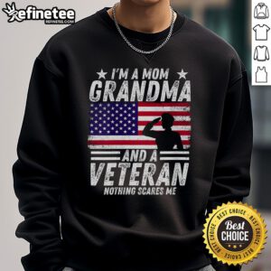 Nice veteran grandma wearing a patriotic sweatshirt that says 'I'm a mom, grandma, and a veteran' in a cozy setting.
