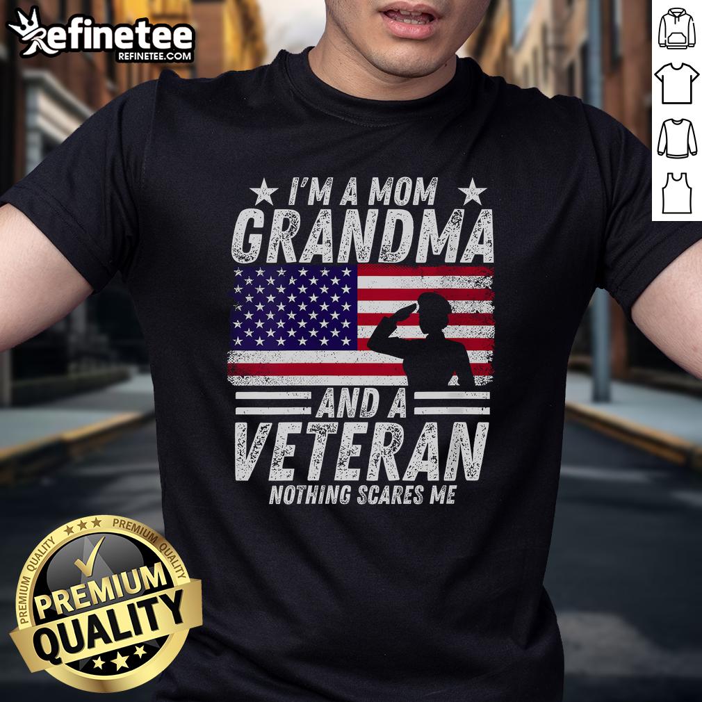 Veteran grandma wearing a patriotic t-shirt that says 'I'M A Mom Grandma And A Veteran' celebrating her dual roles.