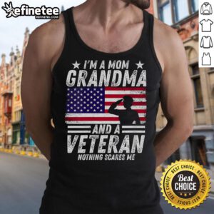 Patriotic tank top featuring 'I'm a Mom, Grandma, and a Veteran' design, perfect for proud veteran grandmas.