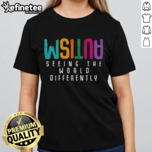 Official Autism Seeing the World Differently Ladies Tee promoting Autism Awareness with colorful graphic design.