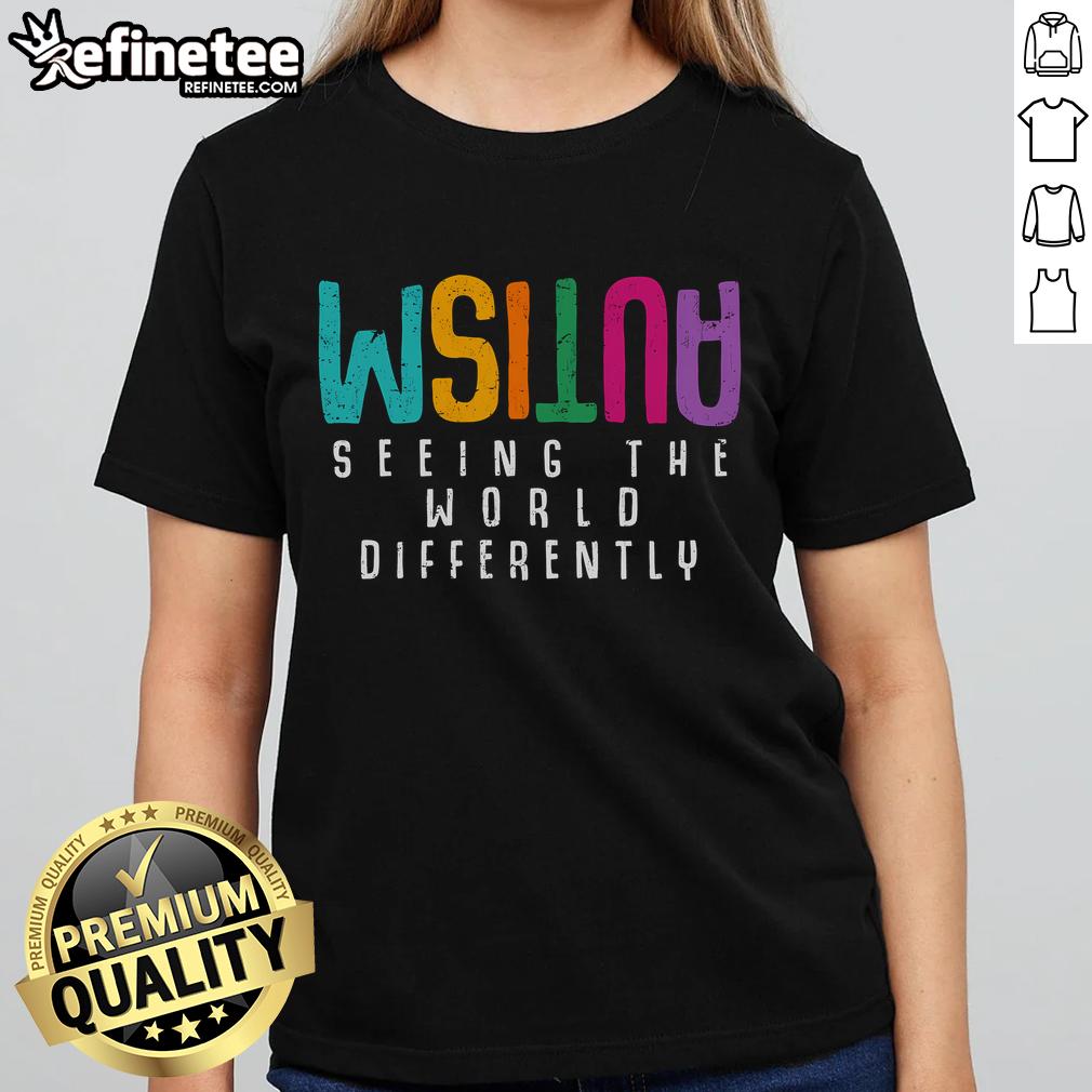 Official Autism Seeing the World Differently Ladies Tee promoting Autism Awareness with colorful graphic design.