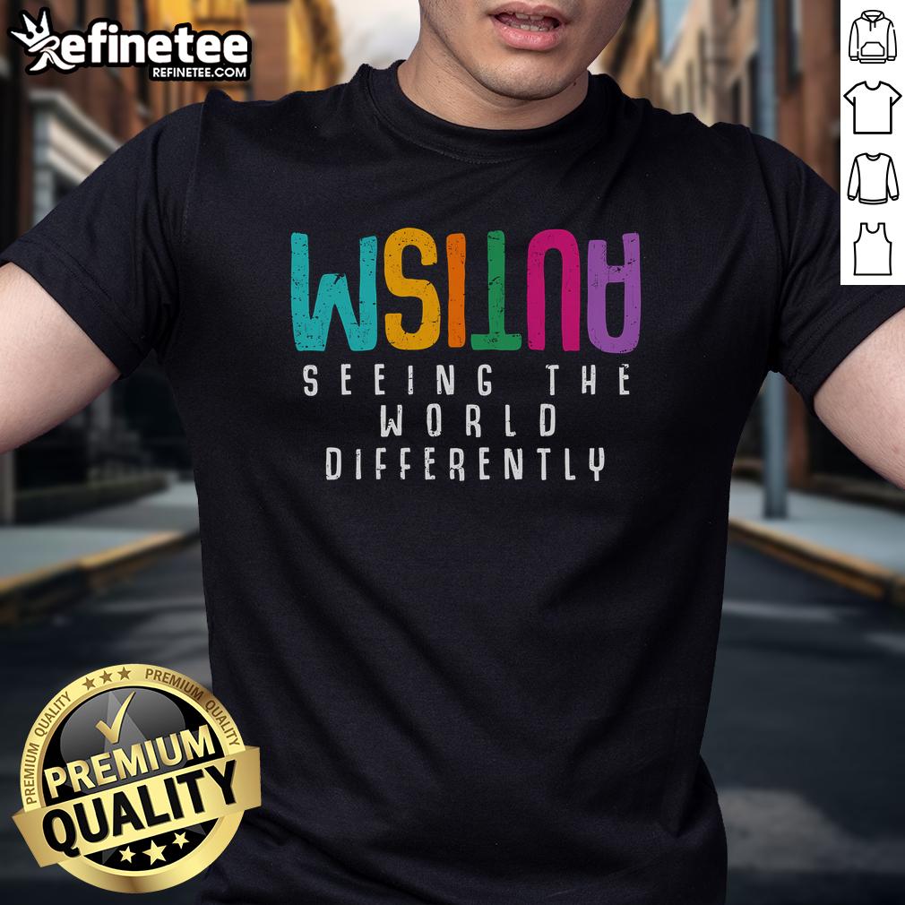 Official Autism Seeing The World Differently T-Shirt promoting Autism Awareness with vibrant design and supportive message.