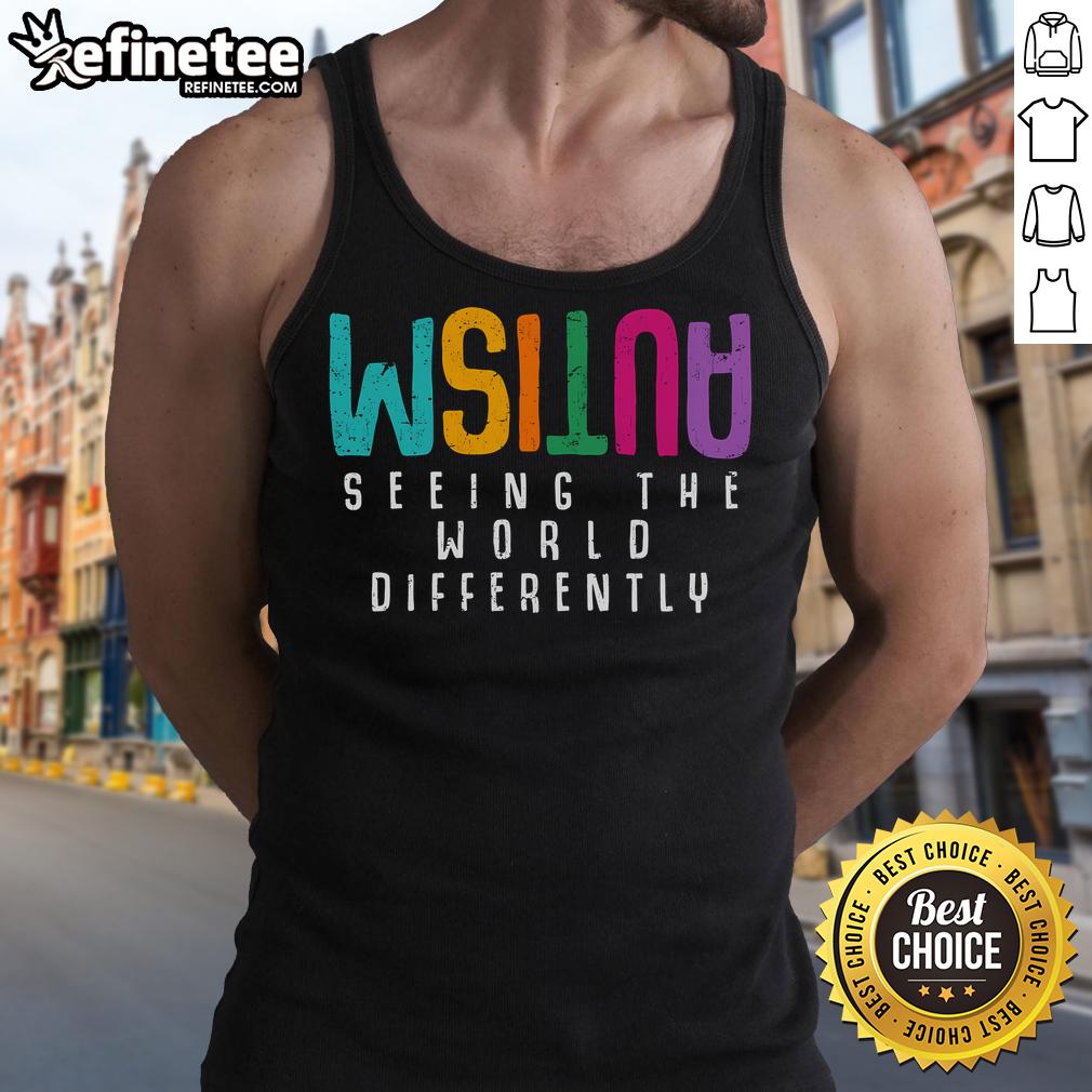 Official Autism Seeing The World Differently tank top promoting Autism awareness and support in a vibrant design.