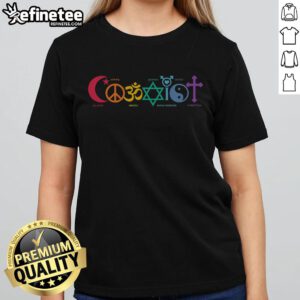 Official Coexist Peace Religion Equality Rights Humanity Spirituality Ladies Tee showcasing unity and diversity in design.