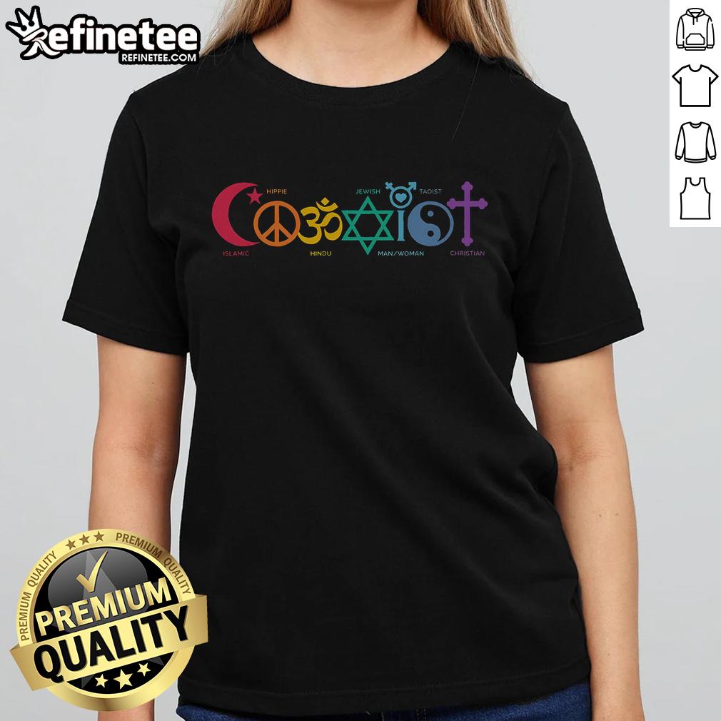 Official Coexist Peace Religion Equality Rights Humanity Spirituality Ladies Tee showcasing unity and diversity in design.