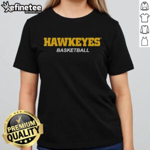 Alt Text: Official Hawkeyes Iowa Basketball Logo Stack on a stylish ladies tee, perfect for passionate fans and casual wear.