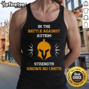 Empowering autism fighter wearing a tank top with 'Strength Knows No Limits' slogan, showcasing support for autism awareness.