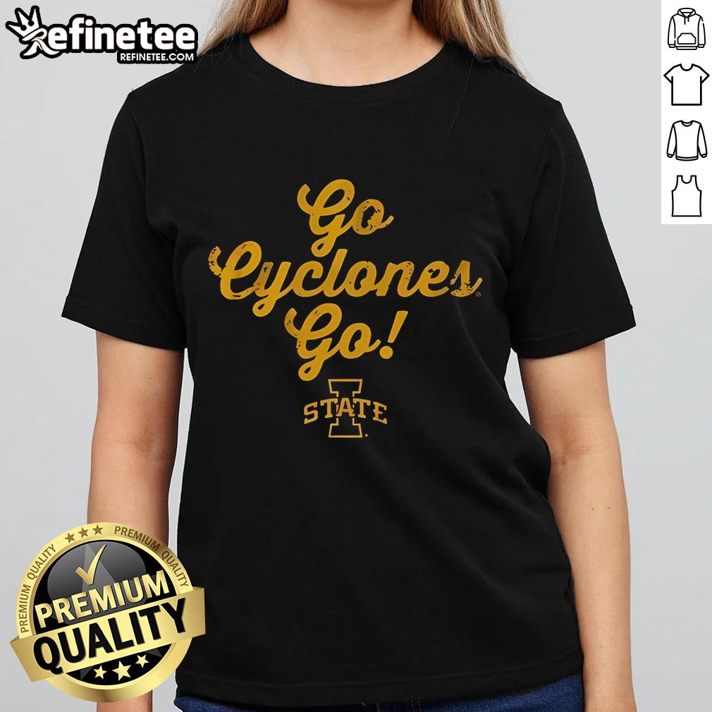 Official Iowa State Go Cyclones ladies tee featuring vibrant logo and slogan, perfect for passionate Cyclones fans.