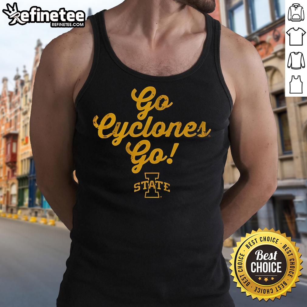 Official Iowa State Go Cyclones tank top featuring vibrant team colors and slogan, perfect for fans and game day.
