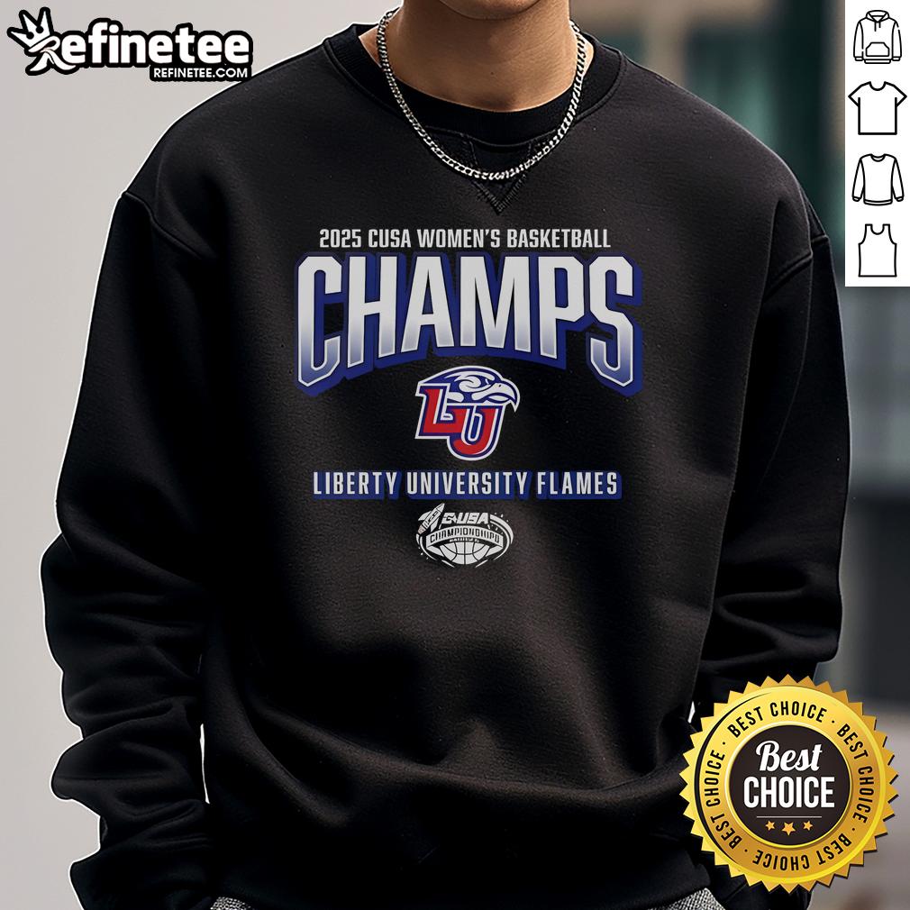 Official Liberty Flames 2025 C-USA Women's Basketball Conference Tournament Champions sweatshirt in red and gold.