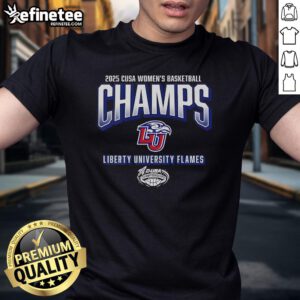 Official Liberty Flames 2025 C-USA Women's Basketball Conference Tournament Champions T-Shirt featuring team logo and colors.