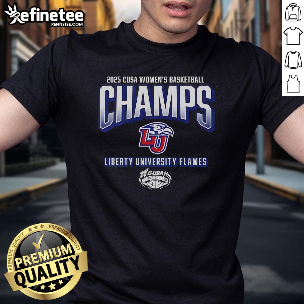 Official Liberty Flames 2025 C-USA Women's Basketball Conference Tournament Champions T-Shirt featuring team logo and colors.