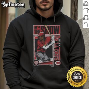 Alt Text: Official MLB The Show Reds Elly De La Cruz hoodie featuring vibrant team colors and player graphics, perfect for fans.