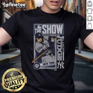 Alt Text: Official MLB The Show Yankees Aaron Judge T-Shirt featuring bold graphics and comfortable fit for baseball fans.