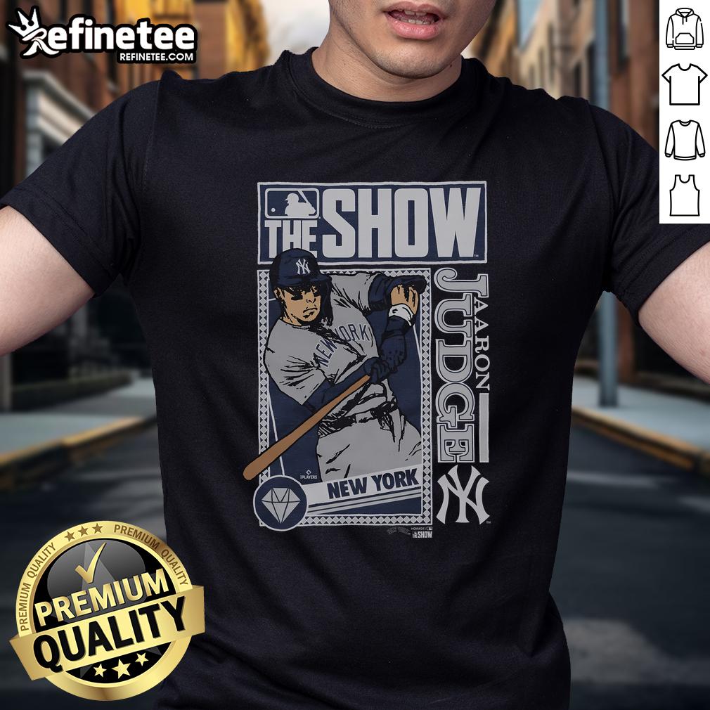 Alt Text: Official MLB The Show Yankees Aaron Judge T-Shirt featuring bold graphics and comfortable fit for baseball fans.