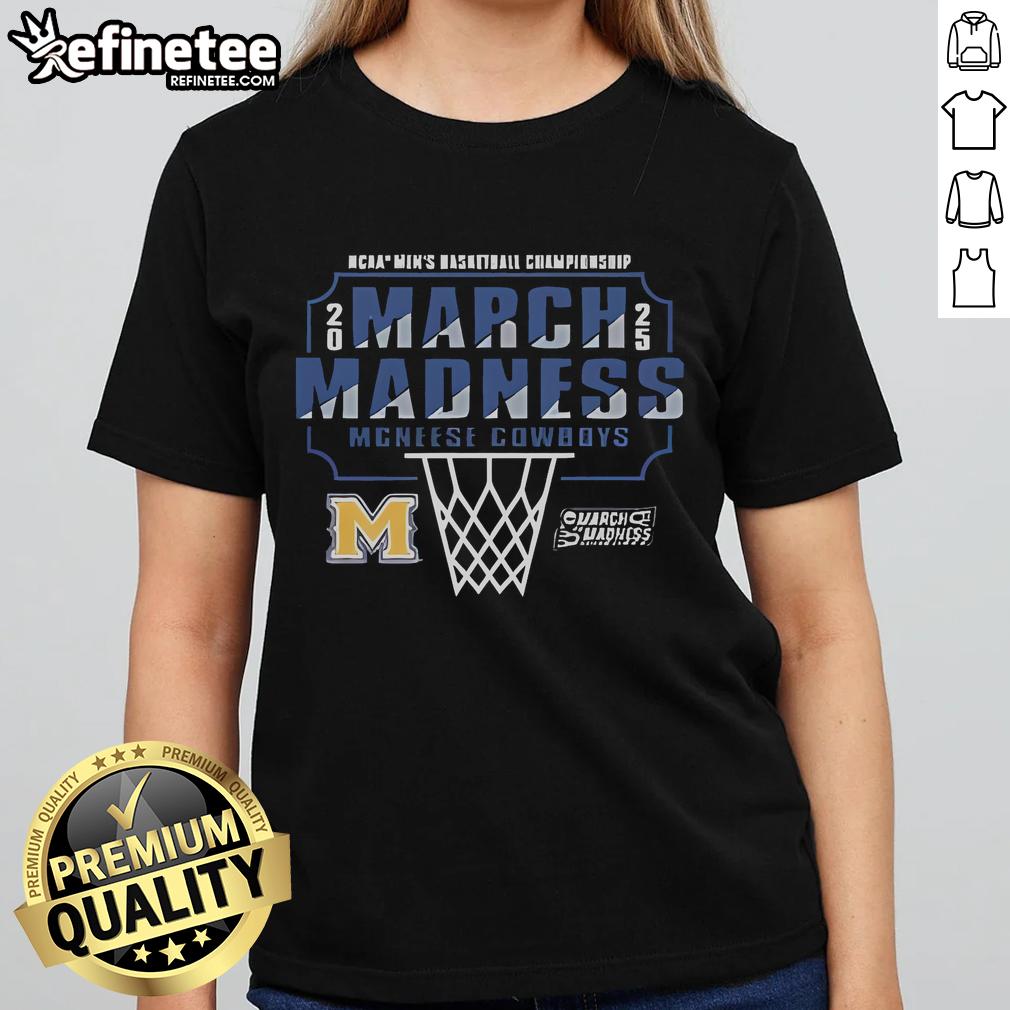 Official McNeese State Cowboys March Madness Bound 2025 NCAA Men's Basketball Ladies Tee in vibrant team colors.
