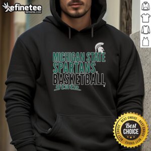 Official Michigan State Spartans basketball hoodie featuring state text logo overlay, perfect for fans.