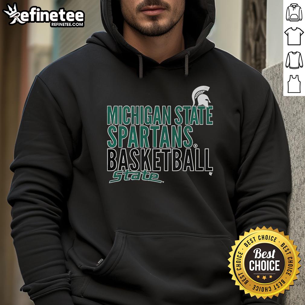 Official Michigan State Spartans basketball hoodie featuring state text logo overlay, perfect for fans.