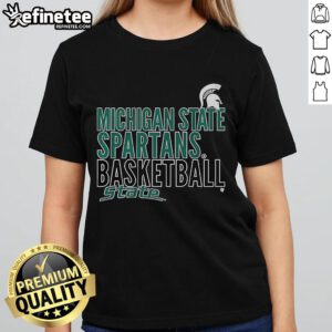 Alt Text: Official Michigan State Spartans basketball ladies tee featuring state text logo overlay design.