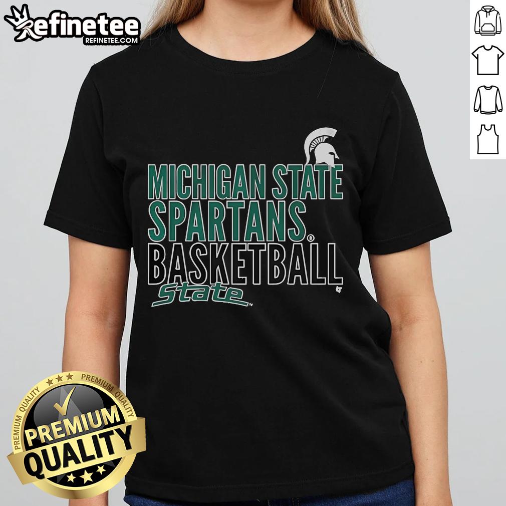 Alt Text: Official Michigan State Spartans basketball ladies tee featuring state text logo overlay design.
