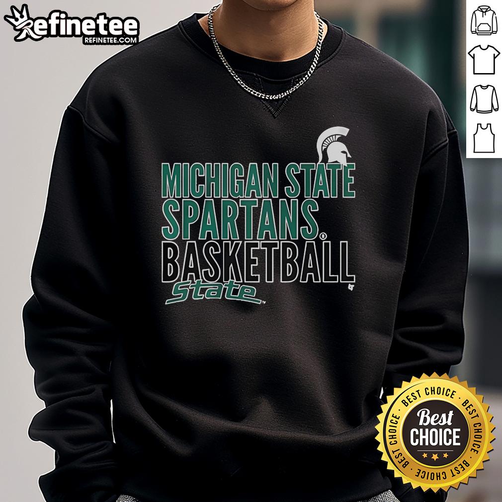 Alt Text: Official Michigan State Spartans Basketball sweatshirt featuring a state text logo overlay in green and white.