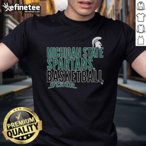 Alt Text: Official Michigan State Spartans Basketball T-shirt featuring state text logo overlay design for fans and athletes.