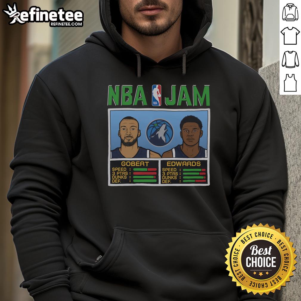 Alt Text: Official NBA Jam Timberwolves hoodie featuring Gobert and Edwards, perfect for fans of Minnesota basketball.