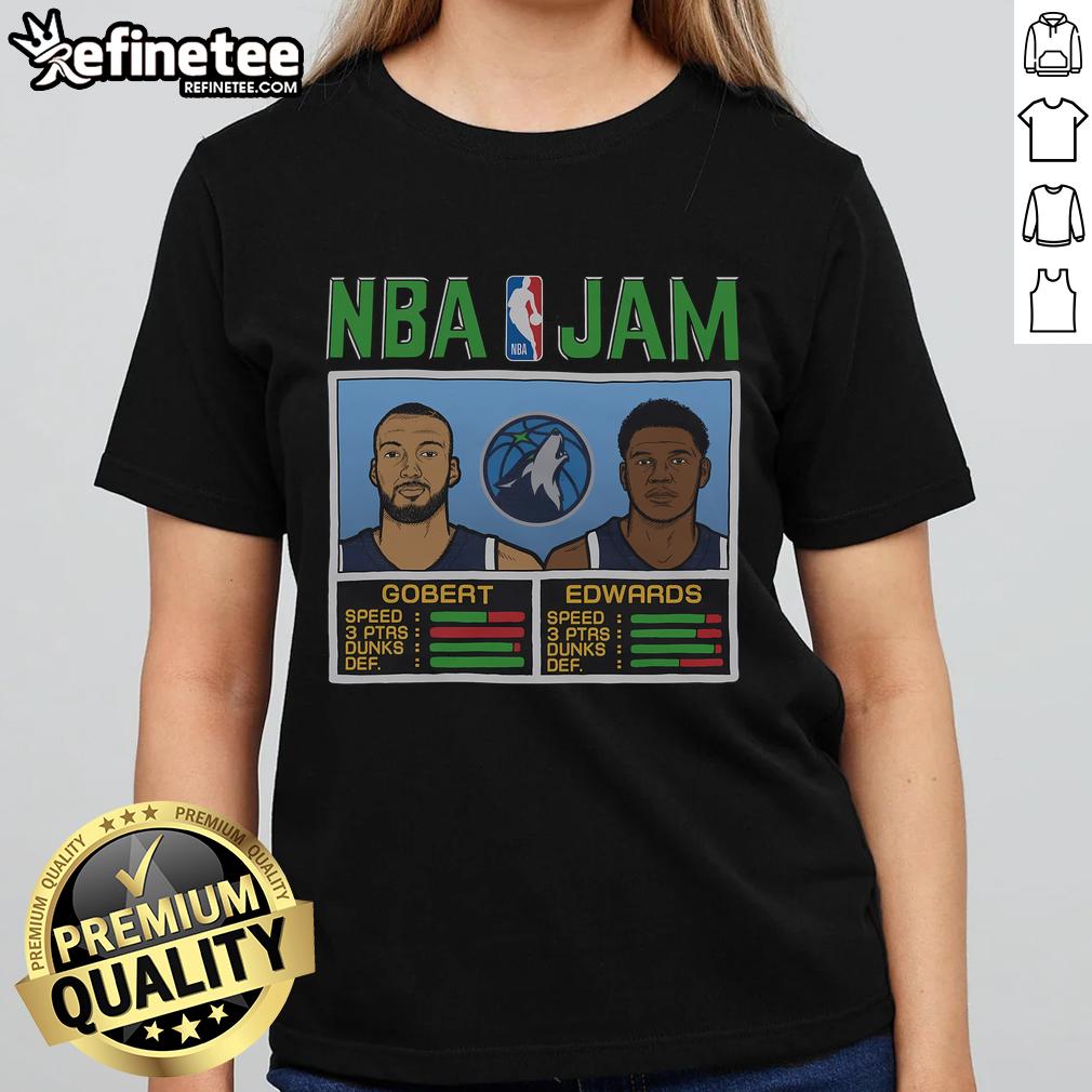 Official NBA Jam Timberwolves tee featuring Gobert and Edwards, perfect for ladies who love basketball fashion.
