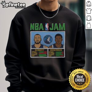 Alt Text: Official NBA Jam Timberwolves sweatshirt featuring Gobert and Edwards, perfect for fans of Minnesota basketball.