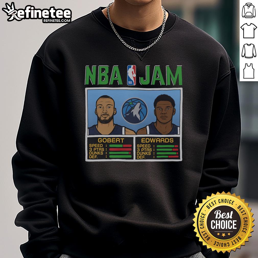 Alt Text: Official NBA Jam Timberwolves sweatshirt featuring Gobert and Edwards, perfect for fans of Minnesota basketball.